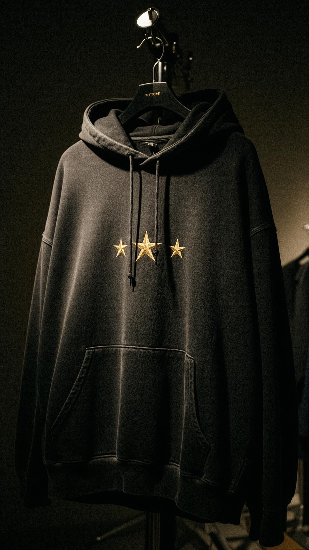 The Saint Hoodie — washed black with gold star embroidery